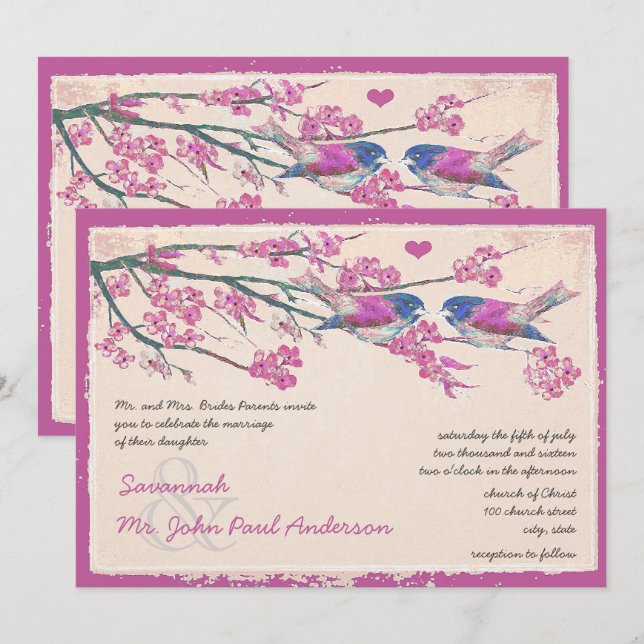 Invitación Boda de flores de cerezo rosa y marina ama a los p (Anverso / Reverso)