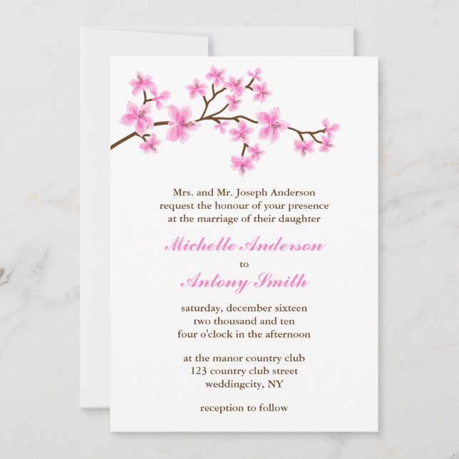 Invitación Boda de flores de cerezo rosado (Anverso)