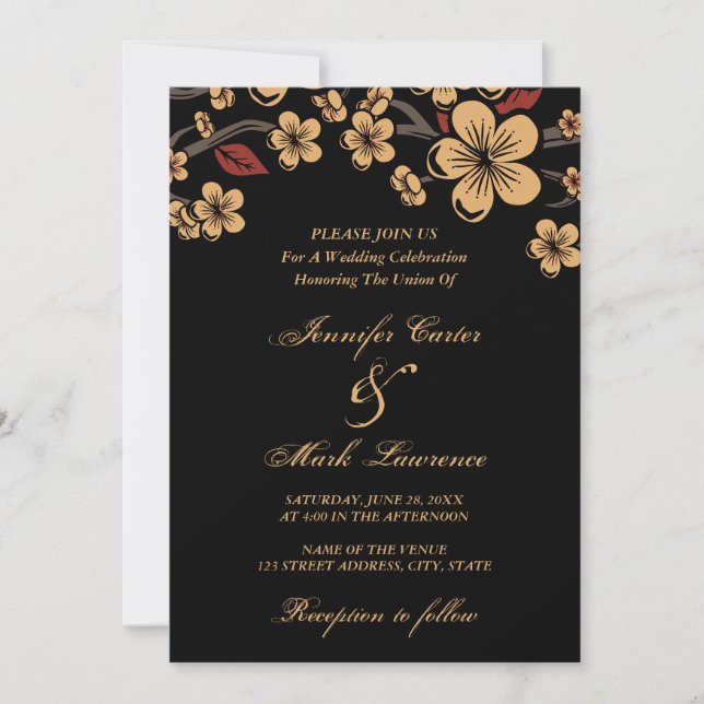 Invitación Boda de flores de cerezo Sakura rojo y oro (Anverso)