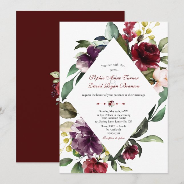 Invitación Boda de flores de ciruela real de borgoña Rubor (Anverso / Reverso)
