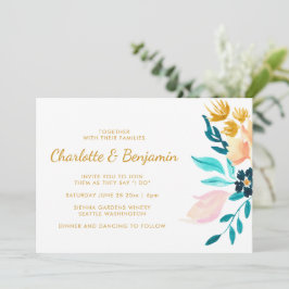 Invitación Boda de flores de color agua Verde azulada y dorad