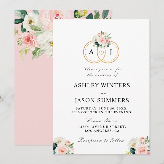 Invitación boda de flores de color azul rosado moderno (Anverso / Reverso)