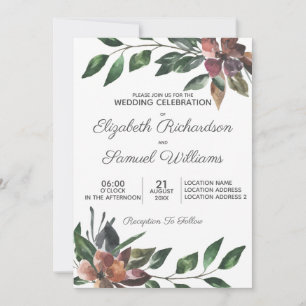 Invitación Boda de flores de color de agua de Borgoña de otoñ