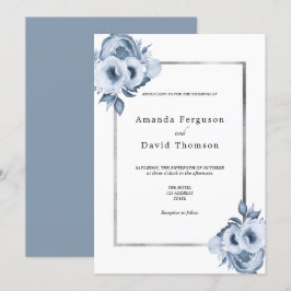 Invitación Boda de flores de color plata azul turbio