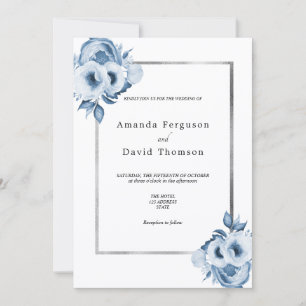 Invitación Boda de flores de color plata azul turbio