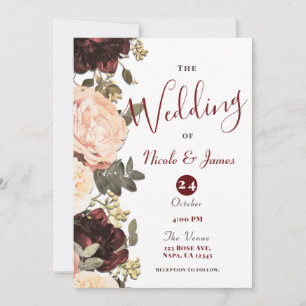 Invitación Boda de flores de color rosa y burdeos con hojas d