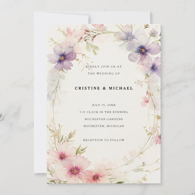 Invitación Boda de flores de cosmos acuarela (Anverso)