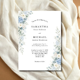Invitación Boda de flores de crema blanca azul polvorienta