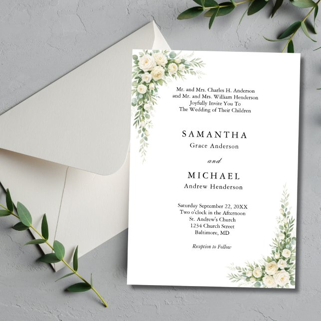Invitación Boda de flores de crema blanca con nombres de ambo (White Cream Watercolor Florals Roses Elegant Traditional Classic Wedding Invitation)