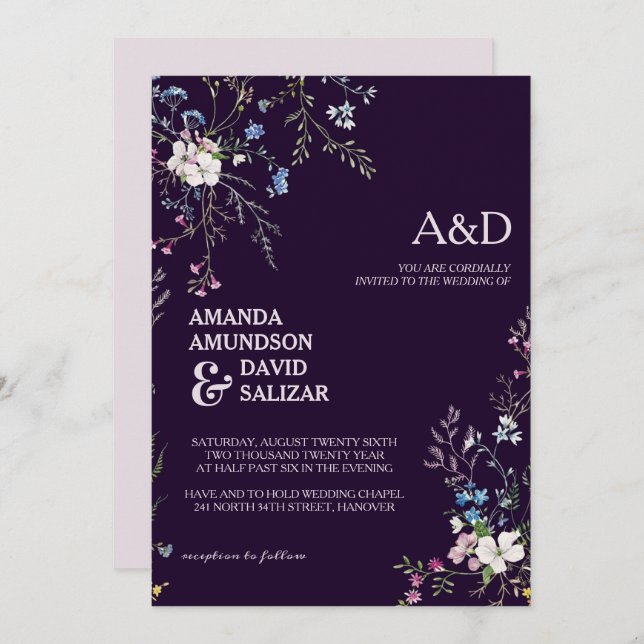 Invitación Boda de Flores de Daña Elegante y Romántica (Anverso / Reverso)