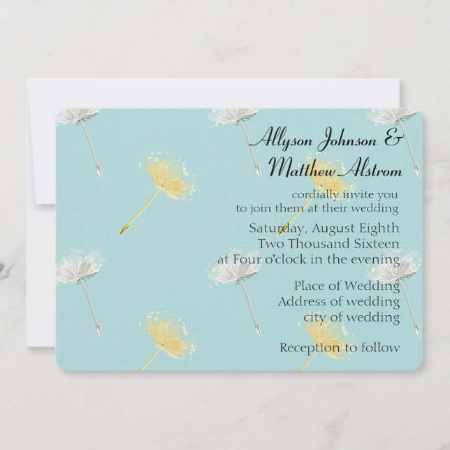Invitación Boda de flores de Dandelion blanco amarillo azul (Anverso)