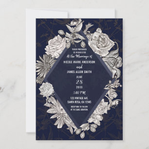 Invitación Boda de flores de diamantes modernos azul marino v