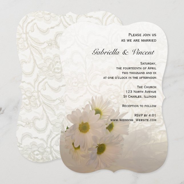 Invitación Boda de flores de encaje blanco y margarita (Anverso / Reverso)