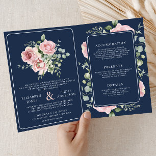Invitación Boda de flores de eucalipto azul naval rosa rubor