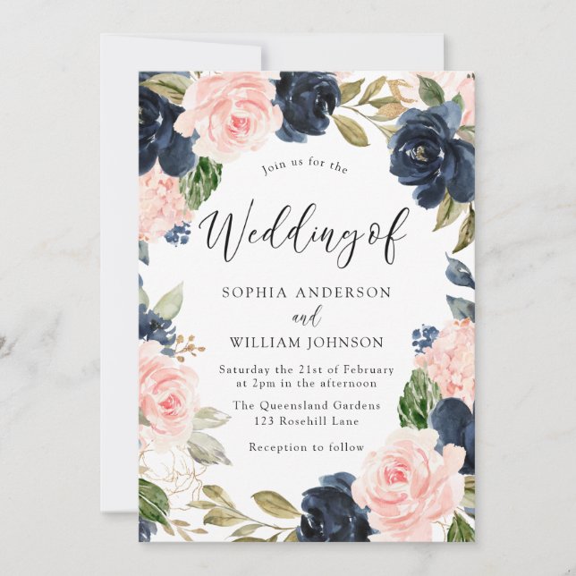 Invitación Boda de flores de flores de acuarela de la marina  (Anverso)