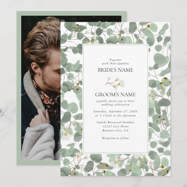 Invitación Boda de flores de flores de agua eucalipto de vege (Anverso / Reverso)
