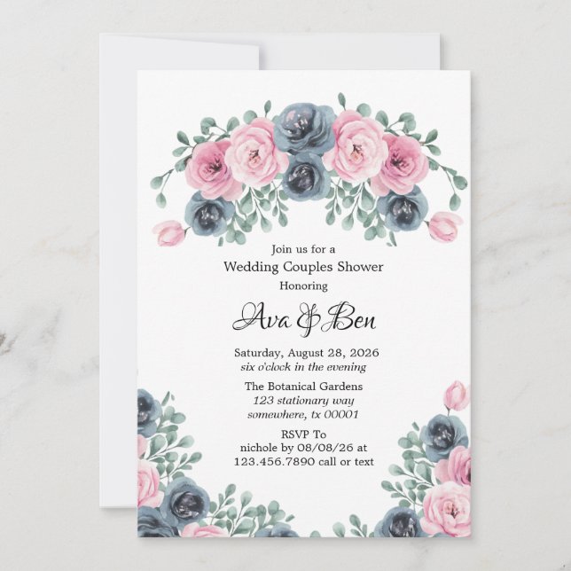 Invitación Boda de flores de flores de arco rosa y azul (Anverso)