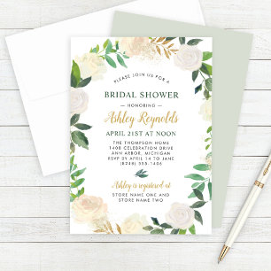 Invitación Boda de flores de flores verdes y doradas ducha de