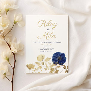 Invitación Boda de flores de follaje dorado azul marino de lu