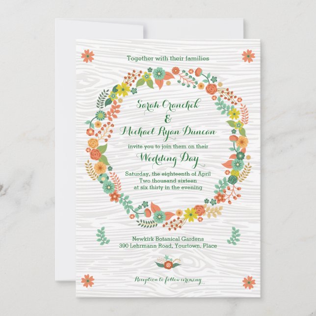Invitación Boda de flores de grano de madera rústica (Anverso)