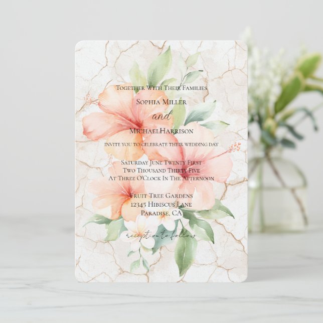 Invitación Boda de flores de hibisco de brisa de verano (Anverso de pie)