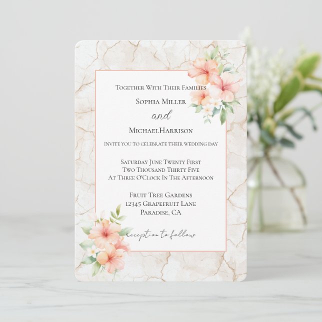 Invitación Boda de flores de hibisco de brisa de verano (Anverso de pie)