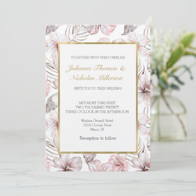 Invitación Boda de flores de hibisco rosa (Anverso de pie)