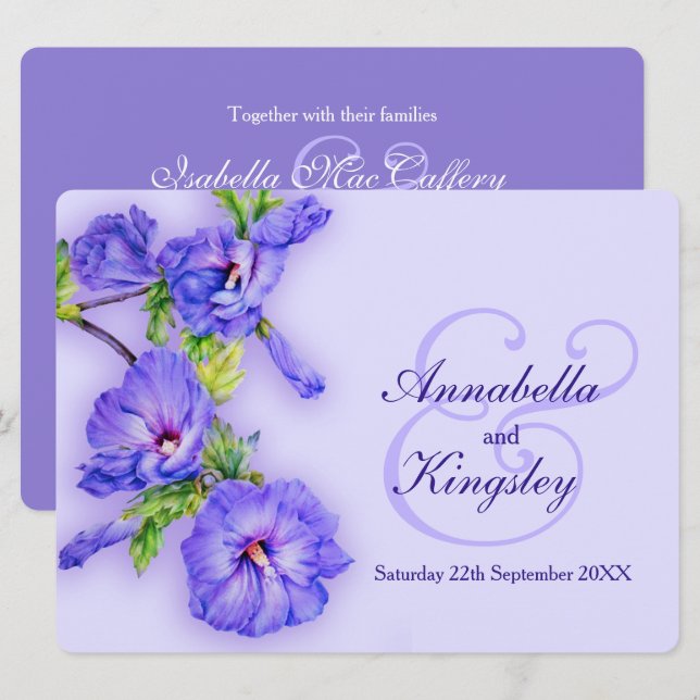Invitación Boda de flores de hibiscus morado azul (Anverso / Reverso)