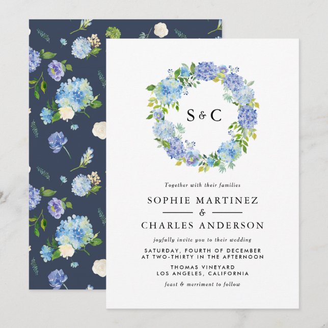 Invitación Boda de flores de hidrangea azul (Anverso / Reverso)
