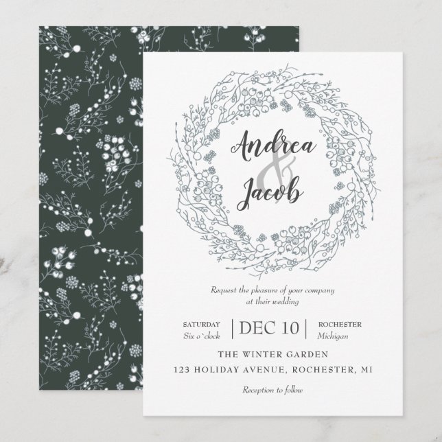 Invitación Boda de flores de invierno blanco Berries (Anverso / Reverso)