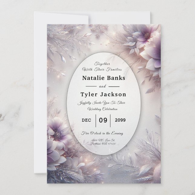 Invitación Boda de flores de invierno de amatista suave y pla (Anverso)