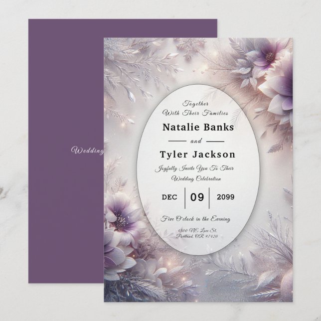 Invitación Boda de flores de invierno de amatista suave y pla (Anverso / Reverso)