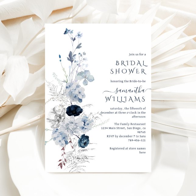Invitación Boda de flores de invierno de la marina azul (Subido por el creador)
