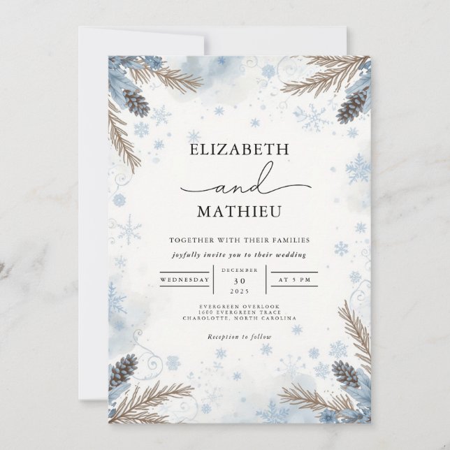 Invitación Boda de flores de invierno de pino escarchado (Anverso)