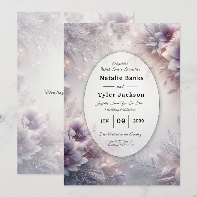 Invitación Boda de flores de invierno de plata y suave amatis (Anverso / Reverso)