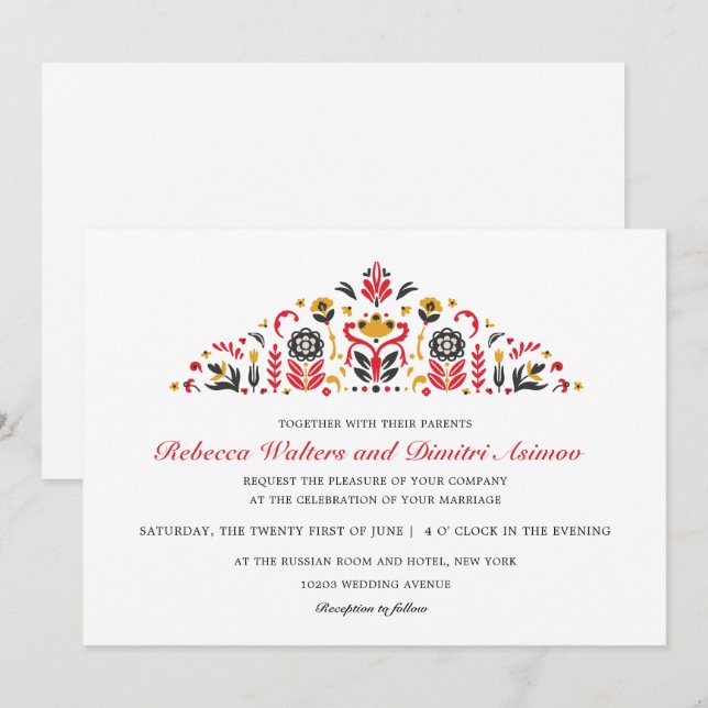 Invitación Boda de flores de Khokhloma, arte folclórico ruso (Anverso / Reverso)
