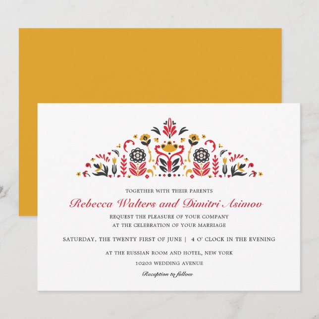 Invitación Boda de flores de Khokhloma, arte folclórico ruso (Anverso / Reverso)