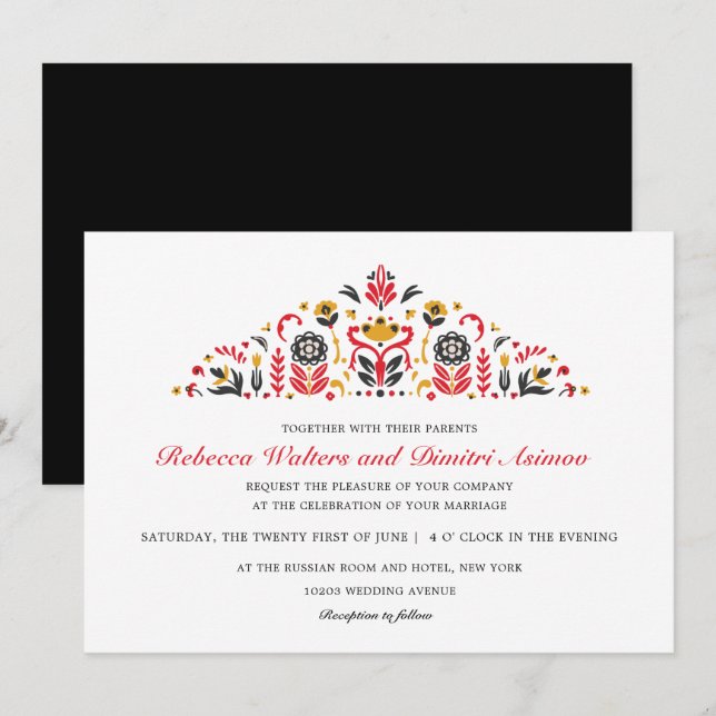 Invitación Boda de flores de Khokhloma, arte folclórico ruso (Anverso / Reverso)