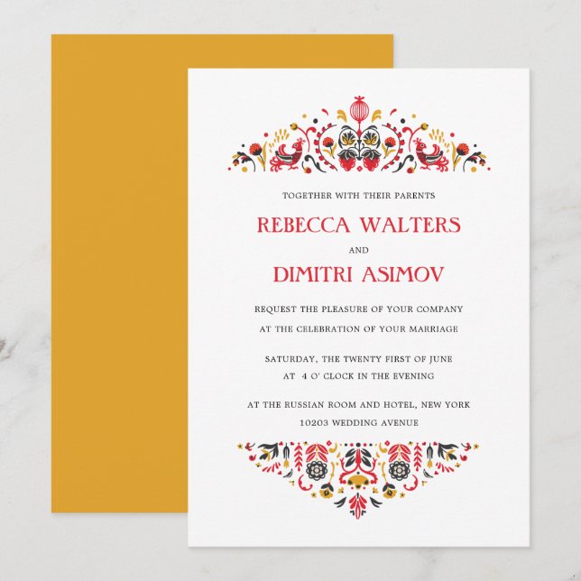 Invitación Boda de flores de Khokhloma, arte popular ruso (Anverso / Reverso)