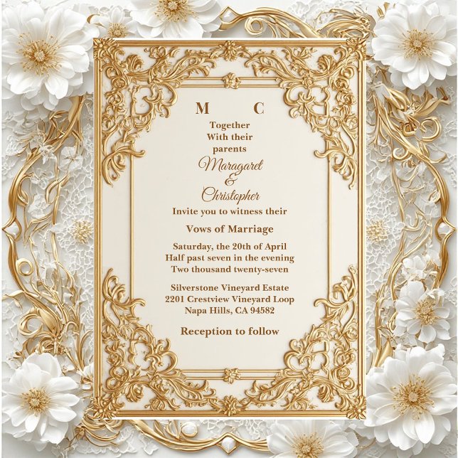Invitación Boda de flores de la herencia real ornamentada en  (Vintage Gold Ornate Royal Heritage Florals Wedding Invitation)