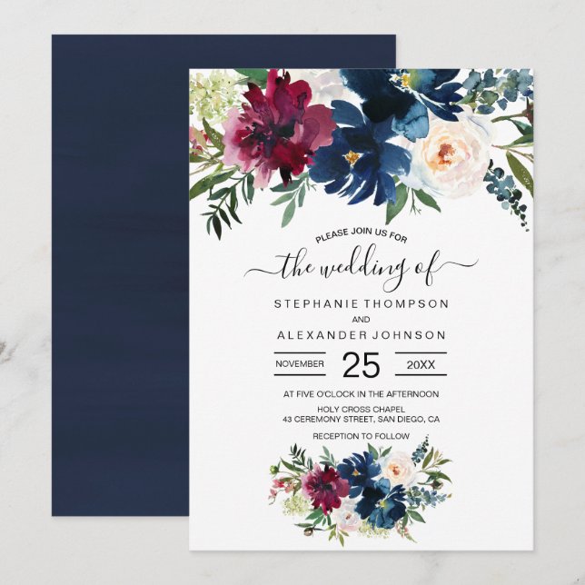 Invitación Boda de flores de la marina de borgoña acuarela (Anverso / Reverso)