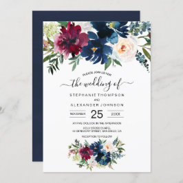 Invitación Boda de flores de la marina de borgoña acuarela