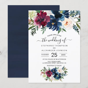 Invitación Boda de flores de la marina de borgoña acuarela