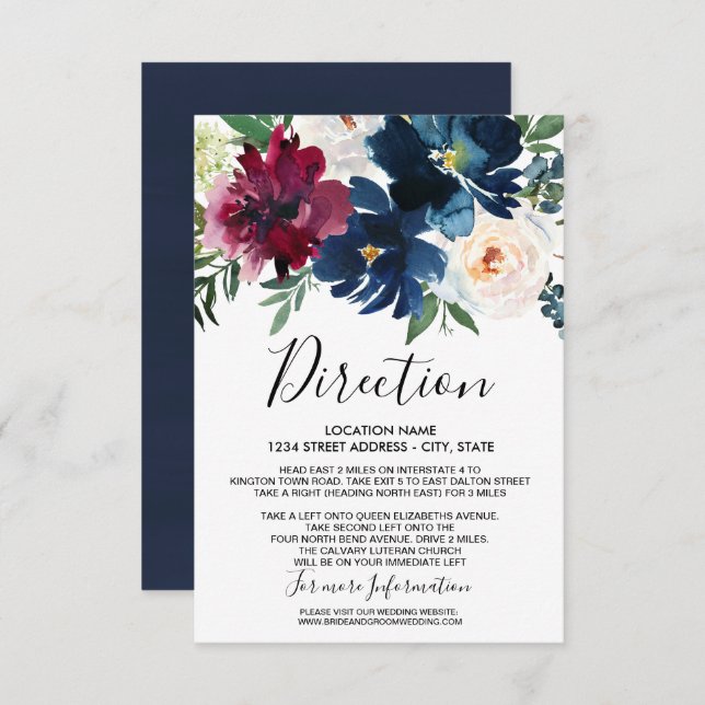 Invitación Boda de flores de la marina de borgoña acuarela (Anverso / Reverso)