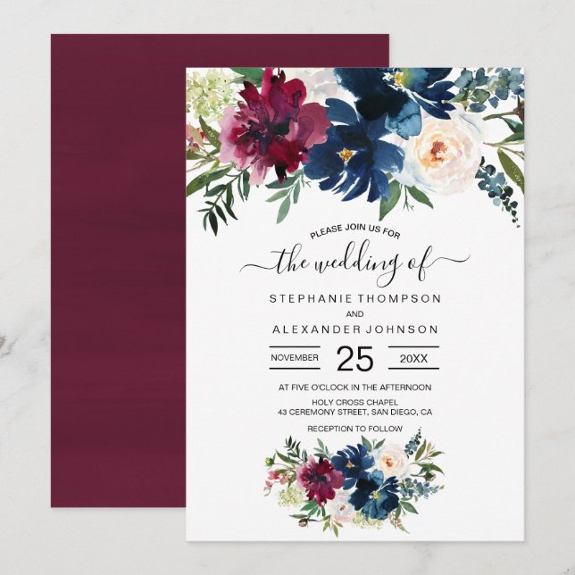 Invitación Boda de flores de la marina de borgoña acuarela (Anverso / Reverso)