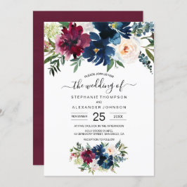 Invitación Boda de flores de la marina de borgoña acuarela