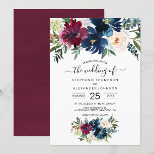 Invitación Boda de flores de la marina de borgoña acuarela