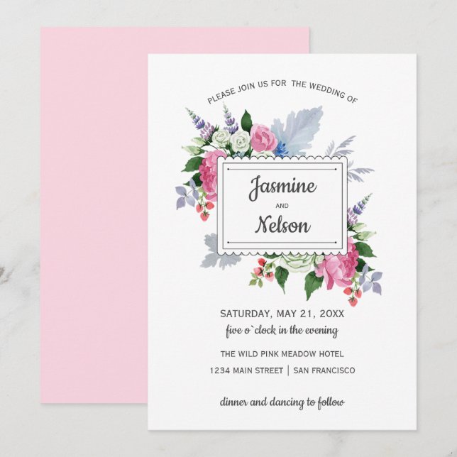 Invitación Boda de flores de lavanda blanca rosada de Boho (Anverso / Reverso)