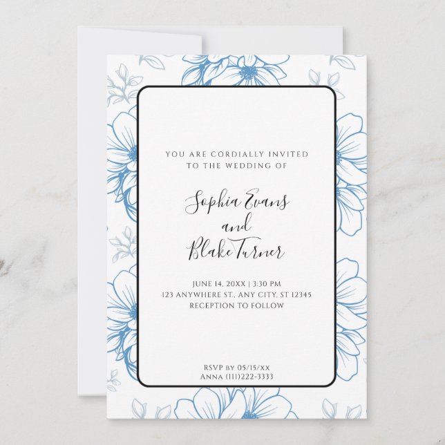 Invitación Boda de Flores de Línea Azul Simple Romántica (Anverso)