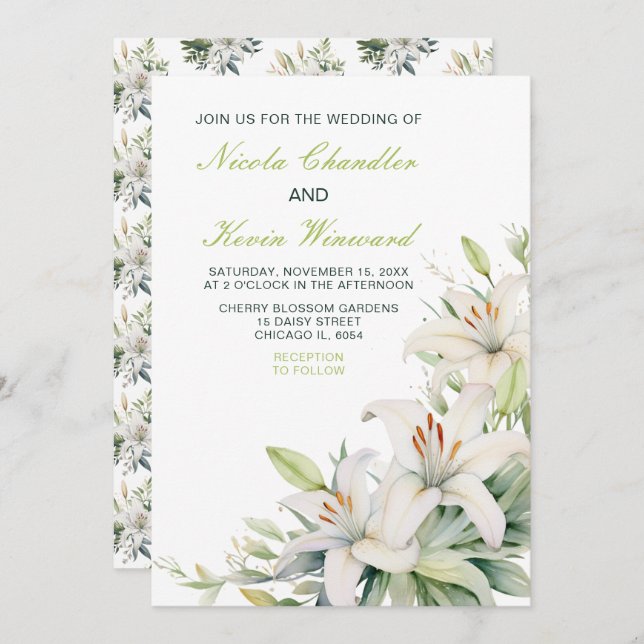 Invitación Boda de Flores de Lirio Blanco (Anverso / Reverso)